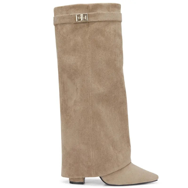 SARAH™ - 4-Inch Heel Suede Long Heeled Fold-Over Buckle Boots for Women Stylish Walking Shoes